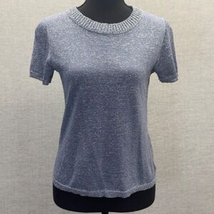 White + Warren Blue Sparkle Knit Short Sleeve Sweater Top Womens Size Small